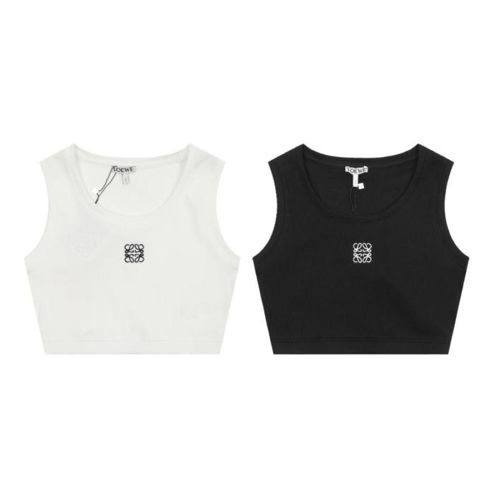 LOEWE Cropped Cotton Anagram Tank Top White/Navy Blue