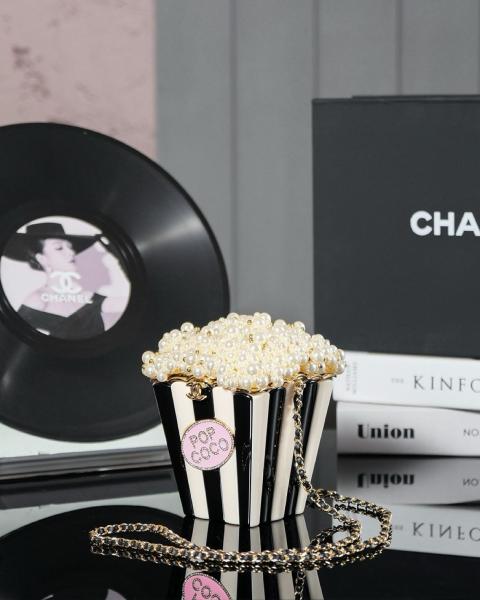 CHANEL 24K popcorn shape metal chain resin shoulder handbag women's black and white AS5217-B18426-NZZW3 size 11*7*16cm 