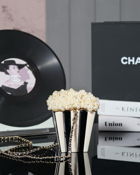CHANEL 24K popcorn shape metal chain resin shoulder handbag women's black and white AS5217-B18426-NZZW3 size 11*7*16cm 
