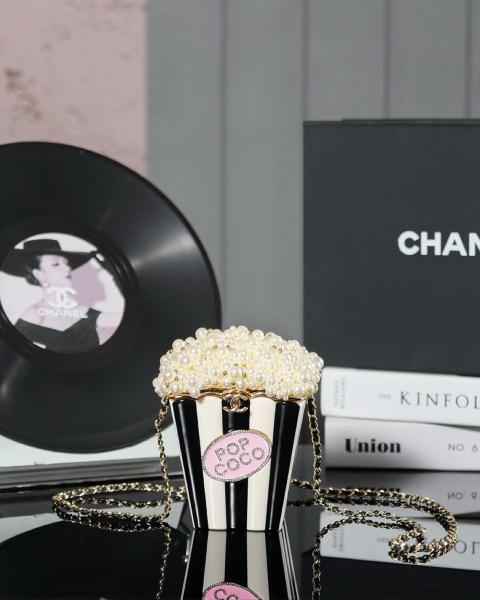 CHANEL 24K popcorn shape metal chain resin shoulder handbag women's black and white AS5217-B18426-NZZW3 size 11*7*16cm 