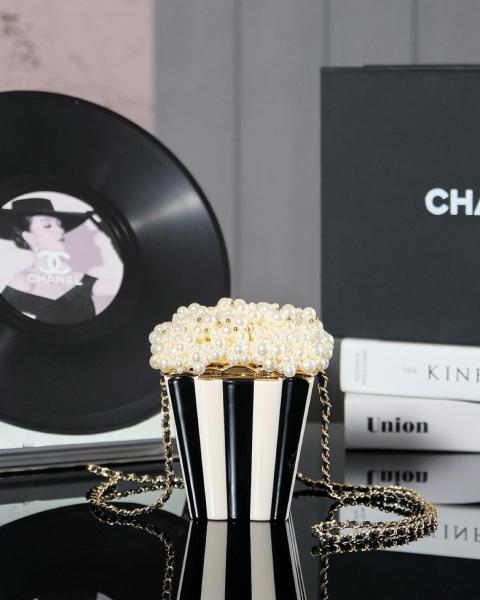 CHANEL 24K popcorn shape metal chain resin shoulder handbag women's black and white AS5217-B18426-NZZW3 size 11*7*16cm 