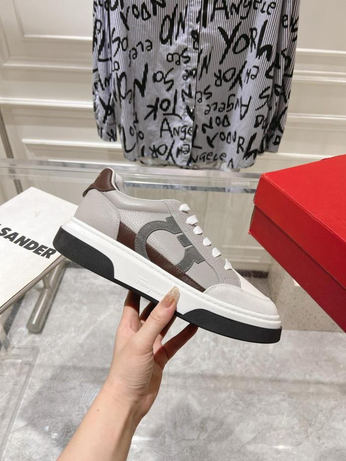 FERRAGAMO Gancini embroidered Leather Sneakers Gray Black