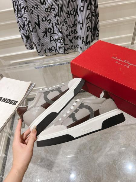 FERRAGAMO Gancini embroidered Leather Sneakers Gray Black