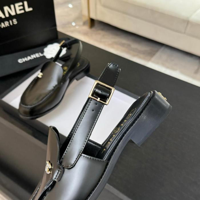 CHANEL 25P Leather Round Toe Buckle Casual Shoes Women's Black