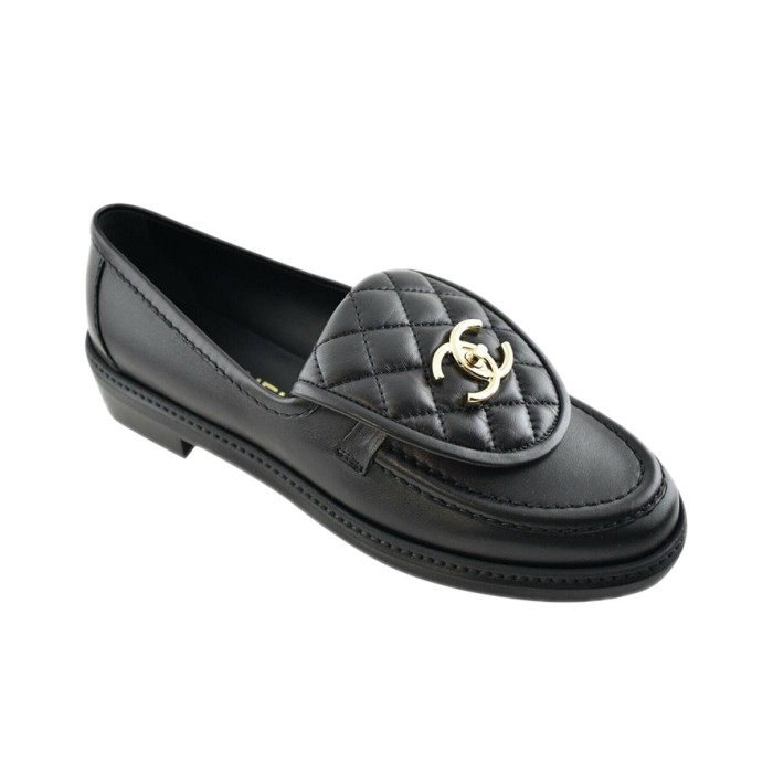 CHANEL Quilted Tab Loafers Black Leather