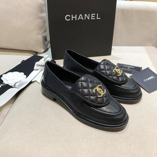 CHANEL Quilted Tab Loafers Black Leather
