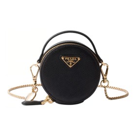 PRADA Saffiano Leather Small Round Bag Portable Crossbody Bag Shoulder Bag Women's Black 1NR023_QHH_F0002 size 8*3*8 cm 