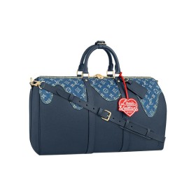 LOUIS VUITTON x NIGO co-branded keepall 50 full print old flower denim with leather and cowhide trim monkey bag hand-held shoulder crossbody travel bag M45975 size 50*23*29 cm