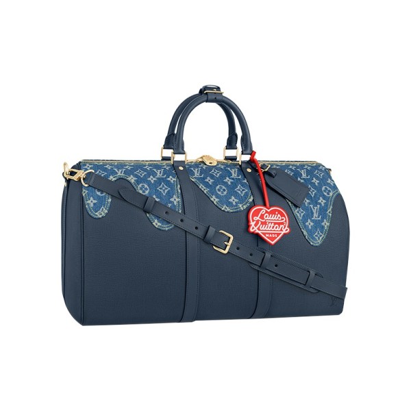 LOUIS VUITTON x NIGO co-branded keepall 50 full print old flower denim with leather and cowhide trim monkey bag hand-held shoulder crossbody travel bag M45975 size 50*23*29 cm