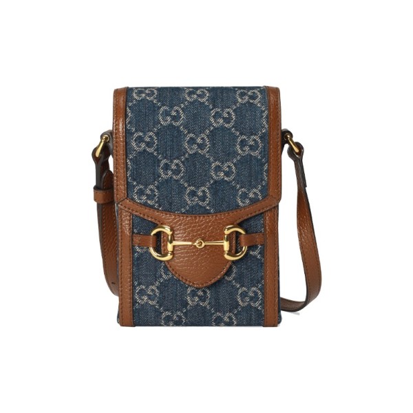 GUCCI Horsebit 1955 Horsebit Logo Denim Leather Cigarette Case Shoulder Bag Crossbody Bag Mobile Phone Bag Mini Unisex Couples Blue/Brown 625615-2KQGG-8375 size 11.5*4*17cm