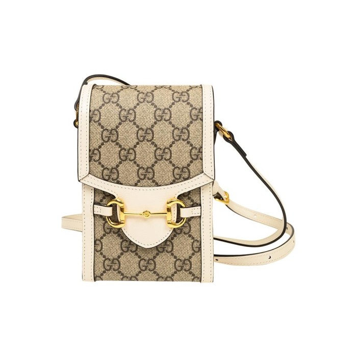 GUCCI Horsebit 1955 Logo Canvas Mini Phone Bag Box Shoulder Bag Beige 625615-92TCG-9761 size 11.5*4*17 cm
