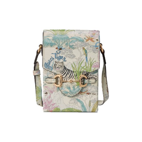 GUCCI Horsebit 1955 Leather Cell Phone Pouch Cigarette Case Bag Shoulder Bag Crossbody Bag Mini Unisex White/Multicolor 625615-UTJ0C-9270 size 11.5*4*17 cm