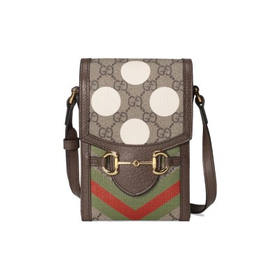 GUCCI Horsebit 1955 Canvas With Leather Cell Phone Pouch Shoulder Bag Crossbody Bag Mini Unisex Ebony/Brown 625615-UQHFG-8679 size 11.5*4*17 cm