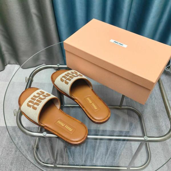 MIU MIU Slip Resistant Slide Slippers Women's Beige Brown