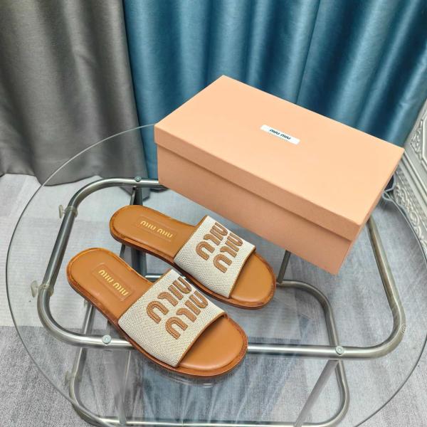 MIU MIU Slip Resistant Slide Slippers Women's Beige Brown