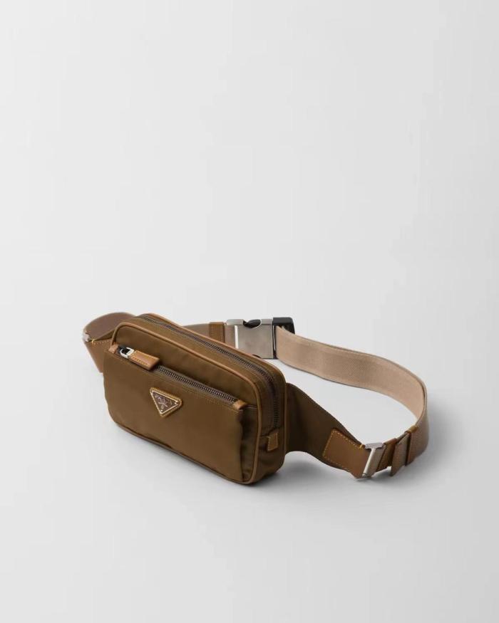 PRADA Recycled Nylon With Patchwork Leather Crossbody Fanny Pack Men's Brown 2VL977_2CX2_F0594 size 21*4*12 cm