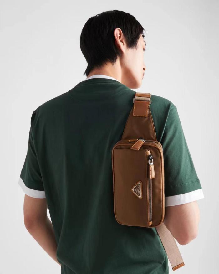 PRADA Recycled Nylon With Patchwork Leather Crossbody Fanny Pack Men's Brown 2VL977_2CX2_F0594 size 21*4*12 cm