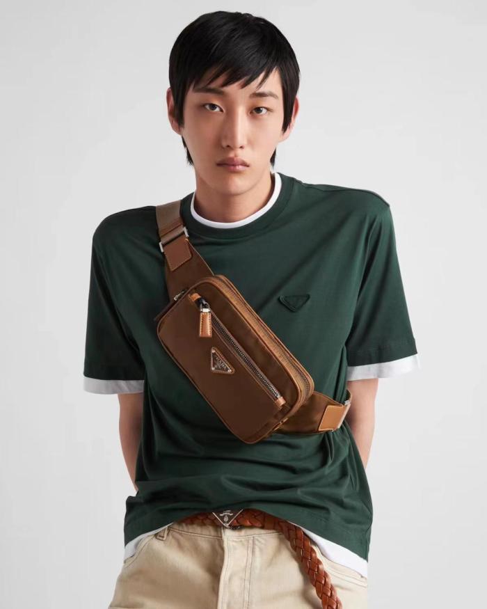 PRADA Recycled Nylon With Patchwork Leather Crossbody Fanny Pack Men's Brown 2VL977_2CX2_F0594 size 21*4*12 cm