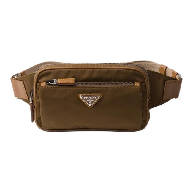 PRADA Recycled Nylon With Patchwork Leather Crossbody Fanny Pack Men's Brown 2VL977_2CX2_F0594 size 21*4*12 cm