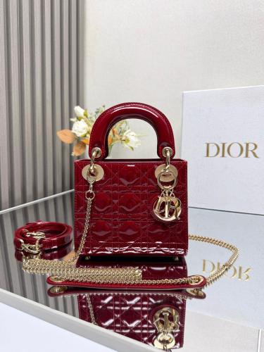 DIOR Lady Dior Patent Leather Cowhide Dior Bag Shoulder Bag Crossbody Bag Handbag Mini Women's Cherry Red M0505OWCB-M323 size 17*7*15 cm