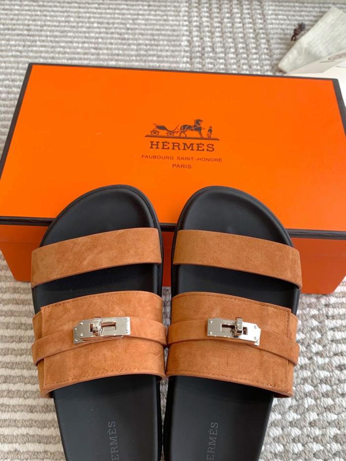 HERMES Slide Slippers Men's Smoke Brown