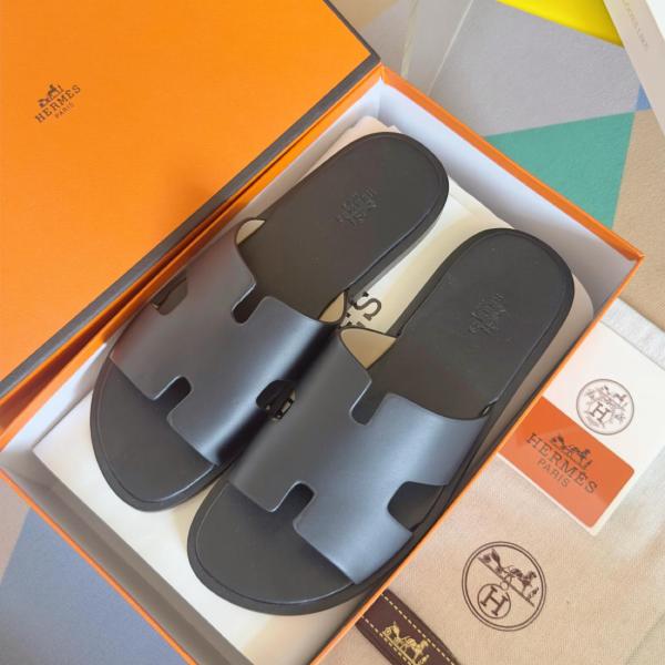 Hermes Izmir simple casual fashion slippers flip flops men's pure black