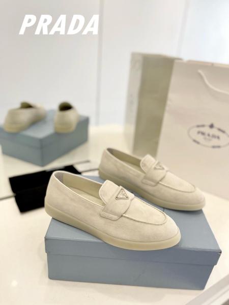 PRADA Leather Slip-On Round Toe Loafers Beige