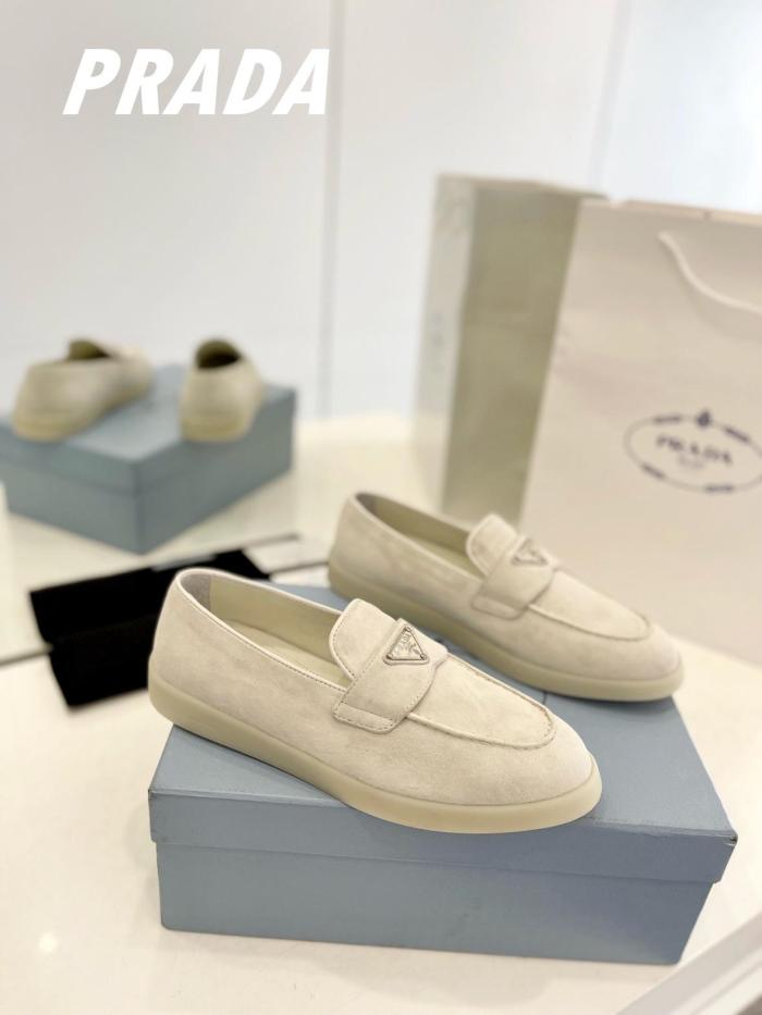 PRADA Leather Slip-On Round Toe Loafers Beige