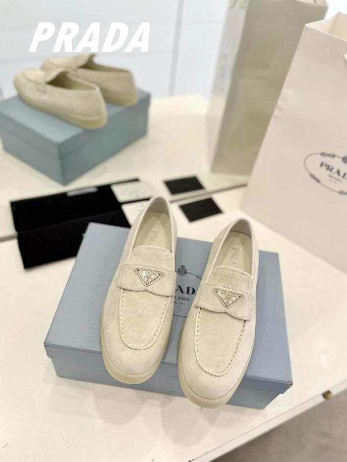 PRADA Leather Slip-On Round Toe Loafers Beige