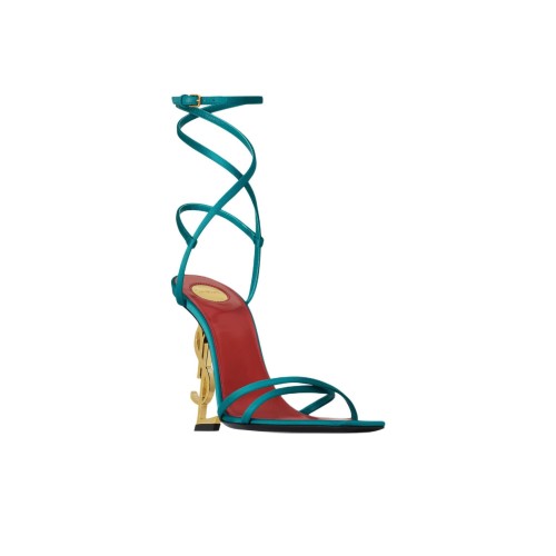 SAINT LAURENT Opyum Sheepskin Square Toe Buckle Strap Sandals 11cm Women's Blue