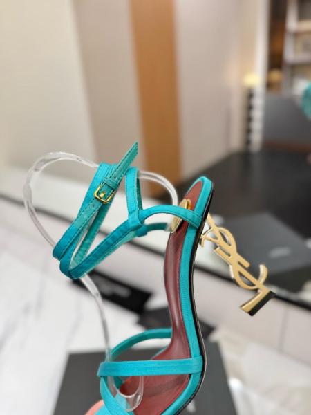 SAINT LAURENT Opyum Sheepskin Square Toe Buckle Strap Sandals 11cm Women's Blue