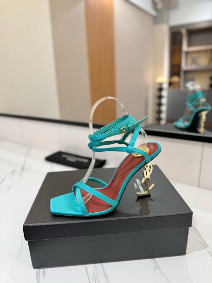 SAINT LAURENT Opyum Sheepskin Square Toe Buckle Strap Sandals 11cm Women's Blue