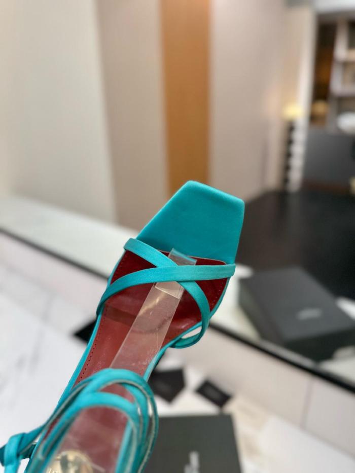 SAINT LAURENT Opyum Sheepskin Square Toe Buckle Strap Sandals 11cm Women's Blue