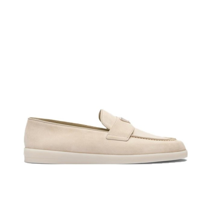 PRADA Leather Slip-On Round Toe Loafers Beige