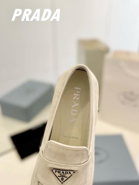 PRADA Leather Slip-On Round Toe Loafers Beige