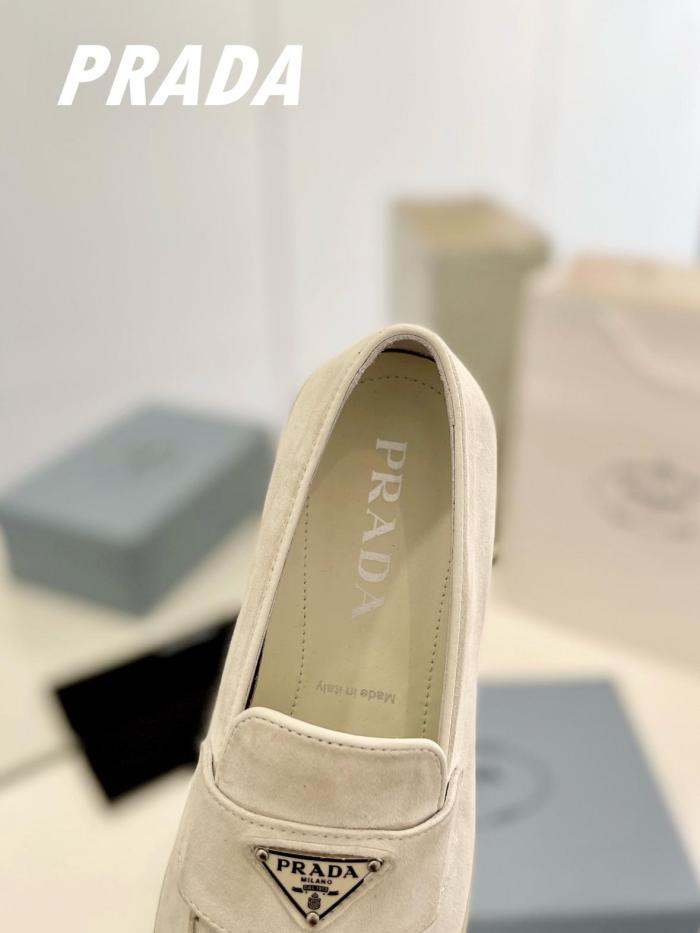 PRADA Leather Slip-On Round Toe Loafers Beige