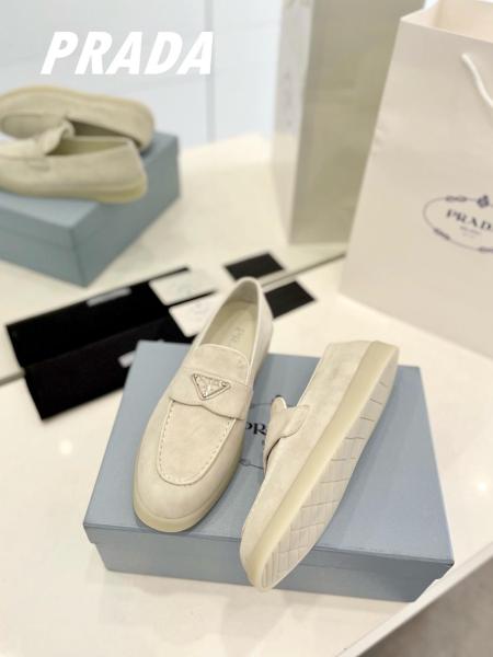 PRADA Leather Slip-On Round Toe Loafers Beige