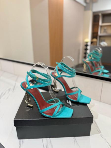 SAINT LAURENT Opyum Sheepskin Square Toe Buckle Strap Sandals 11cm Women's Blue