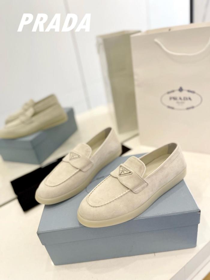 PRADA Leather Slip-On Round Toe Loafers Beige