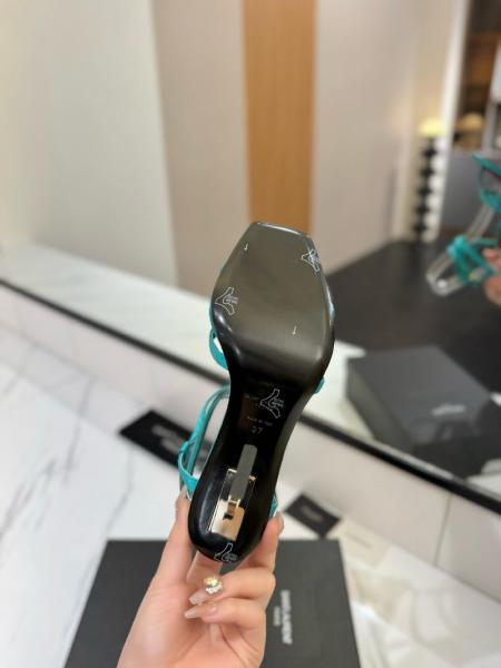 SAINT LAURENT Opyum Sheepskin Square Toe Buckle Strap Sandals 11cm Women's Blue