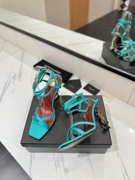 SAINT LAURENT Opyum Sheepskin Square Toe Buckle Strap Sandals 11cm Women's Blue