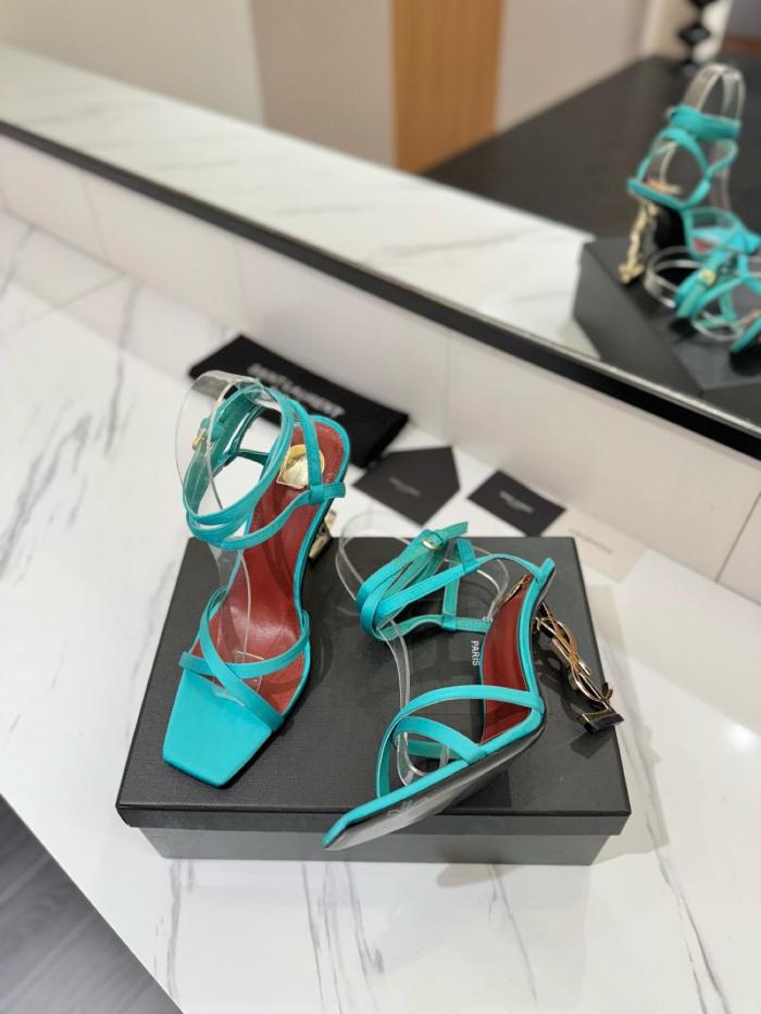 SAINT LAURENT Opyum Sheepskin Square Toe Buckle Strap Sandals 11cm Women's Blue