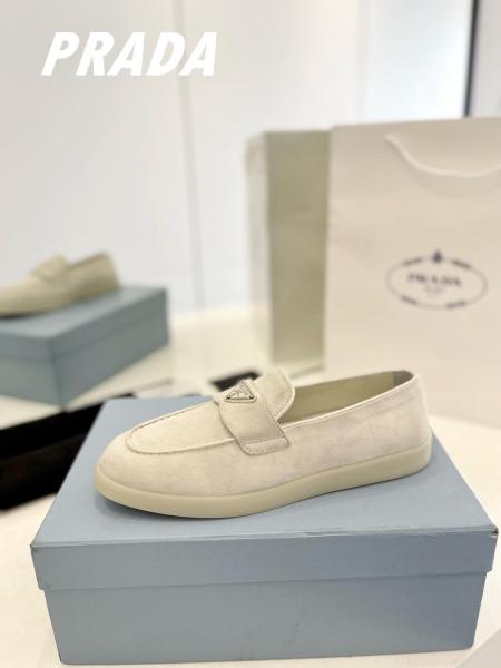 PRADA Leather Slip-On Round Toe Loafers Beige