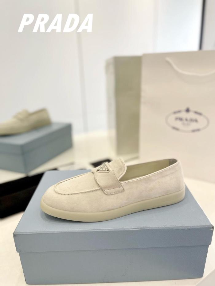 PRADA Leather Slip-On Round Toe Loafers Beige