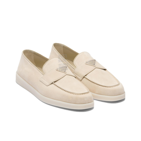 PRADA Leather Slip-On Round Toe Loafers Beige