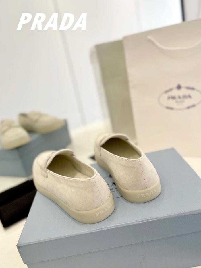 PRADA Leather Slip-On Round Toe Loafers Beige