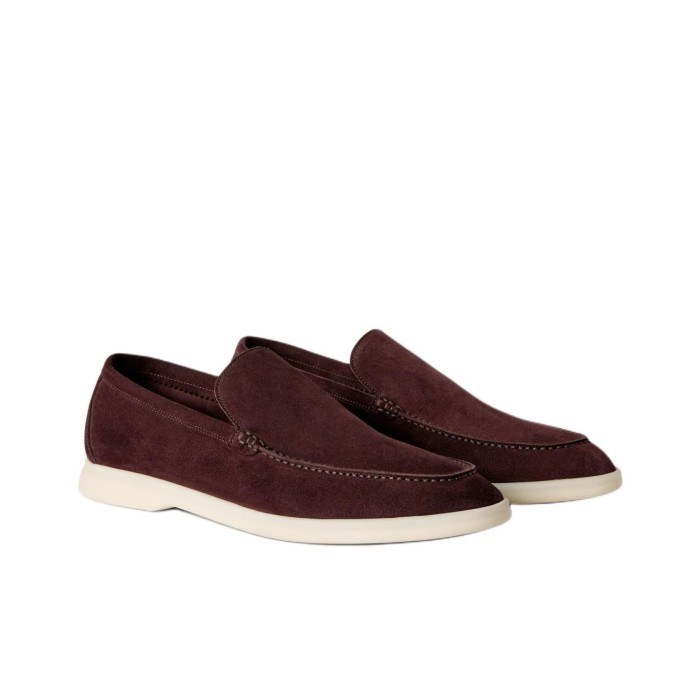 Loro Piana Summer Walk Suede Round Toe Slip-On Loafers Red Brown