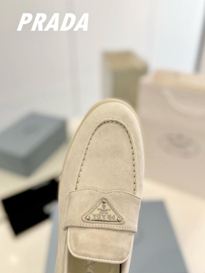 PRADA Leather Slip-On Round Toe Loafers Beige