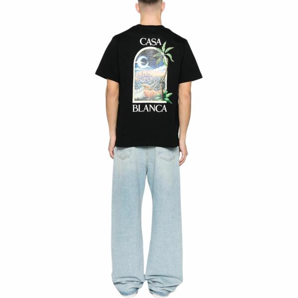 CASABLANCA SS25 Round Neck Pullover Comfortable Loose Printed Pattern Short Sleeve T-Shirt Black