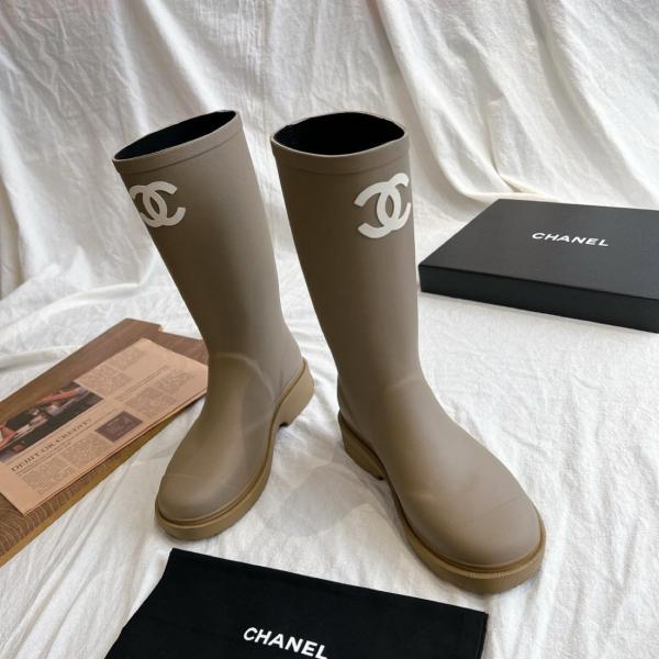 CHANEL 25S Rubber Fashion Pull-On High Boots Women's Dark Beige